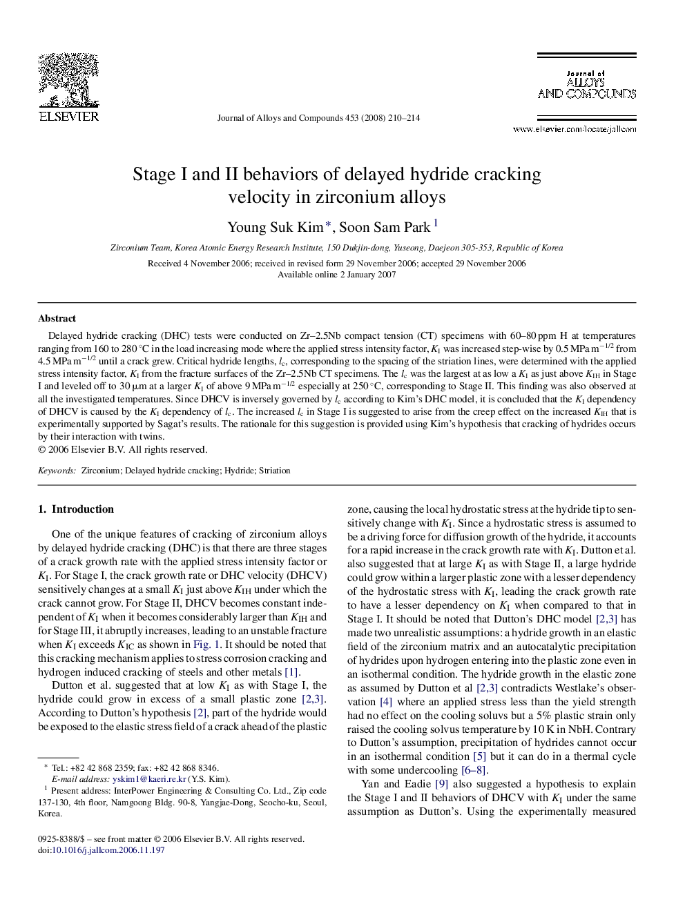Stage I and II behaviors of delayed hydride cracking velocity in zirconium alloys