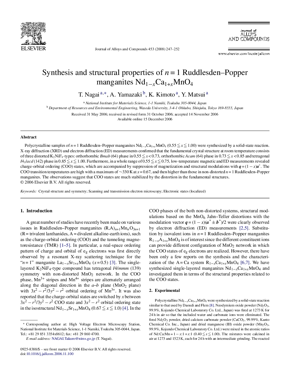 Synthesis and structural properties of n = 1 Ruddlesden–Popper manganites Nd1−xCa1+xMnO4