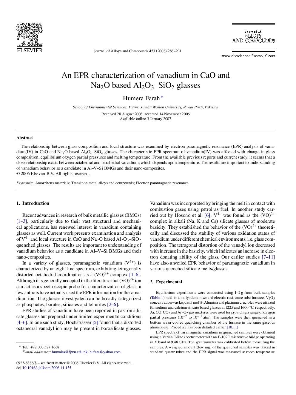 An EPR characterization of vanadium in CaO and Na2O based Al2O3–SiO2 glasses