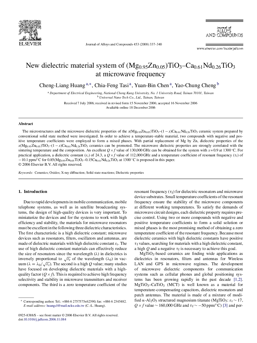 New dielectric material system of (Mg0.95Zn0.05)TiO3–Ca0.61Nd0.26TiO3 at microwave frequency