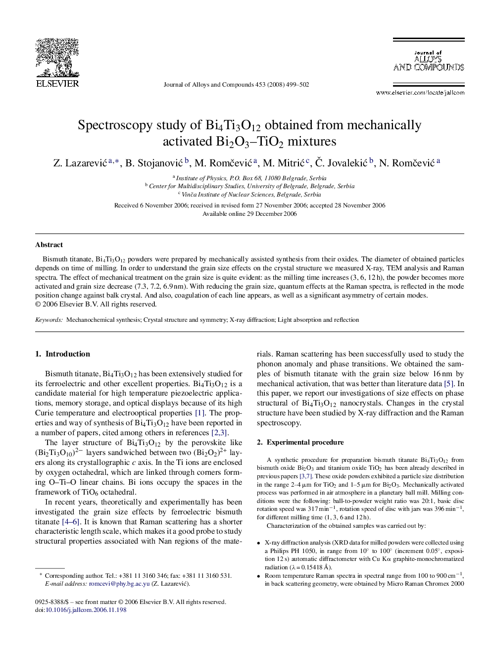 Spectroscopy study of Bi4Ti3O12 obtained from mechanically activated Bi2O3–TiO2 mixtures