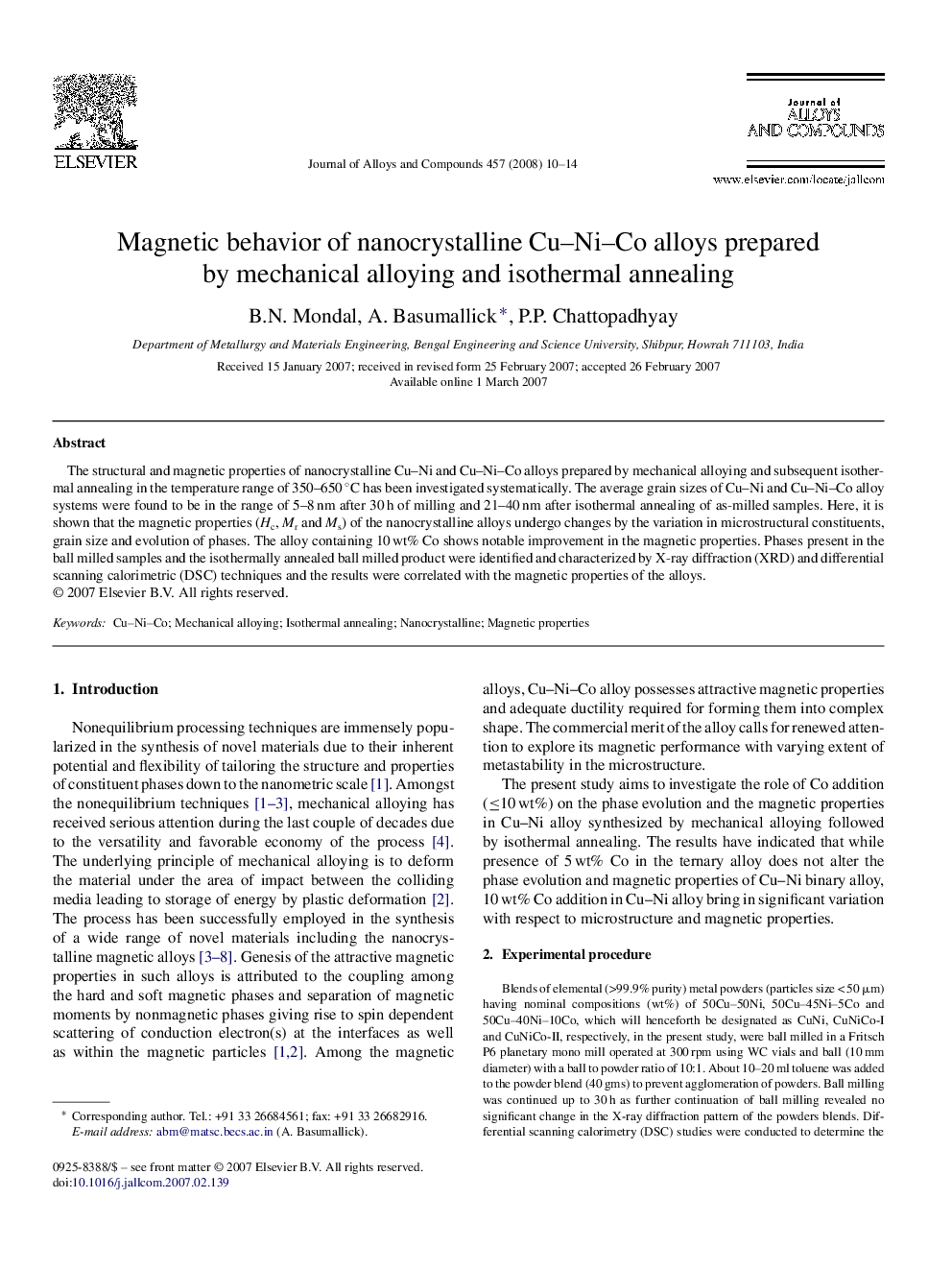 Magnetic behavior of nanocrystalline Cu–Ni–Co alloys prepared by mechanical alloying and isothermal annealing