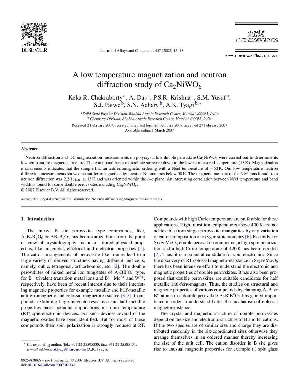 A low temperature magnetization and neutron diffraction study of Ca2NiWO6