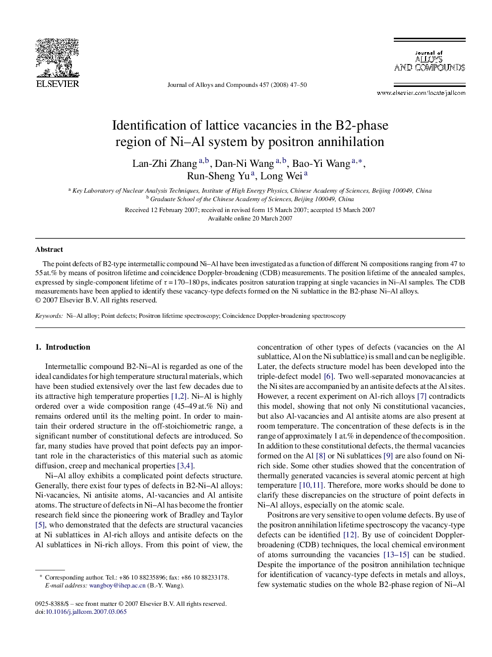Identification of lattice vacancies in the B2-phase region of Ni–Al system by positron annihilation