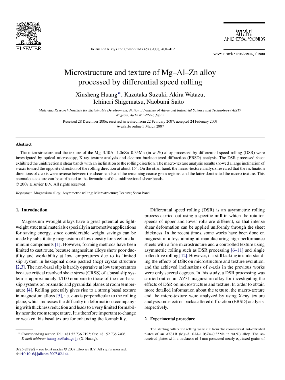 Microstructure and texture of Mg–Al–Zn alloy processed by differential speed rolling