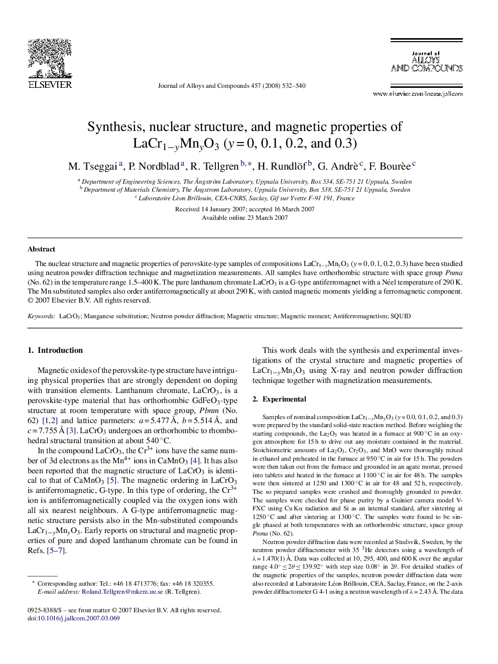 Synthesis, nuclear structure, and magnetic properties of LaCr1−yMnyO3 (y = 0, 0.1, 0.2, and 0.3)