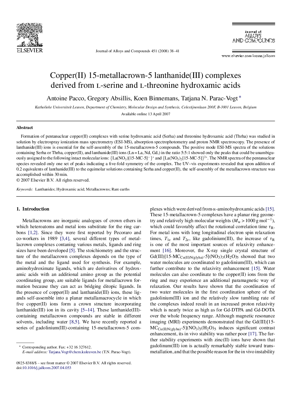 Copper(II) 15-metallacrown-5 lanthanide(III) complexes derived from l-serine and l-threonine hydroxamic acids