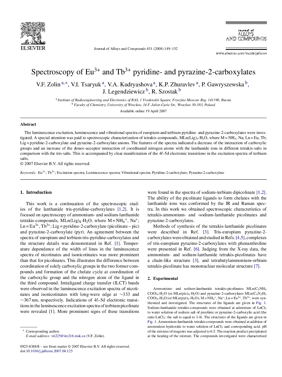 Spectroscopy of Eu3+ and Tb3+ pyridine- and pyrazine-2-carboxylates