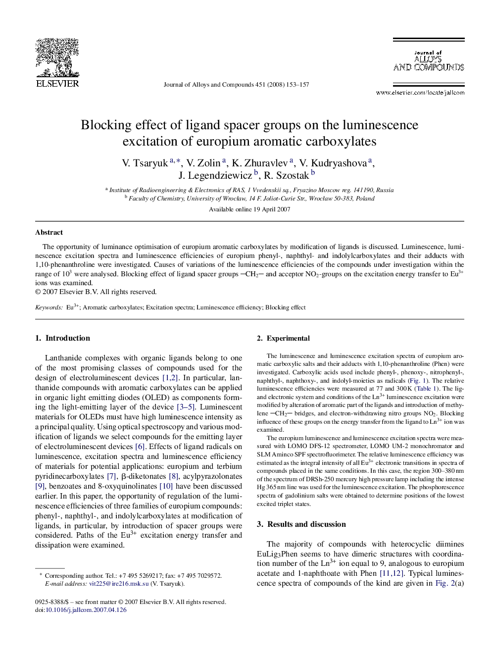 Blocking effect of ligand spacer groups on the luminescence excitation of europium aromatic carboxylates