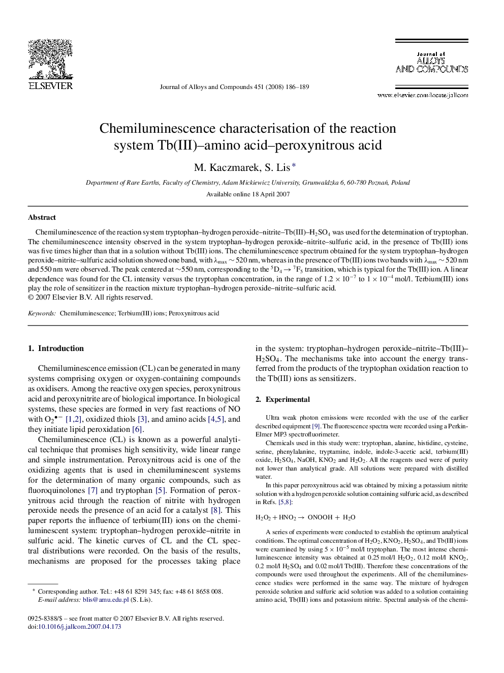 Chemiluminescence characterisation of the reaction system Tb(III)-amino acid-peroxynitrous acid