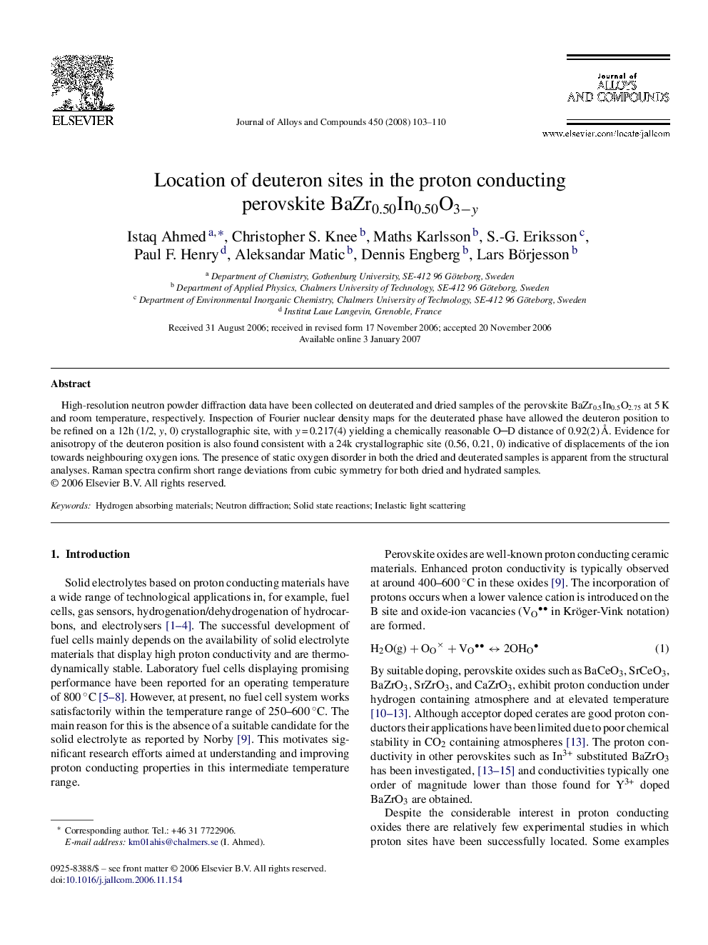 Location of deuteron sites in the proton conducting perovskite BaZr0.50In0.50O3−y