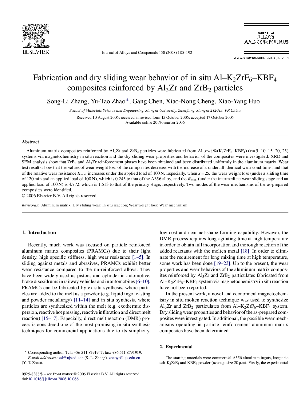 Fabrication and dry sliding wear behavior of in situ Al-K2ZrF6-KBF4 composites reinforced by Al3Zr and ZrB2 particles