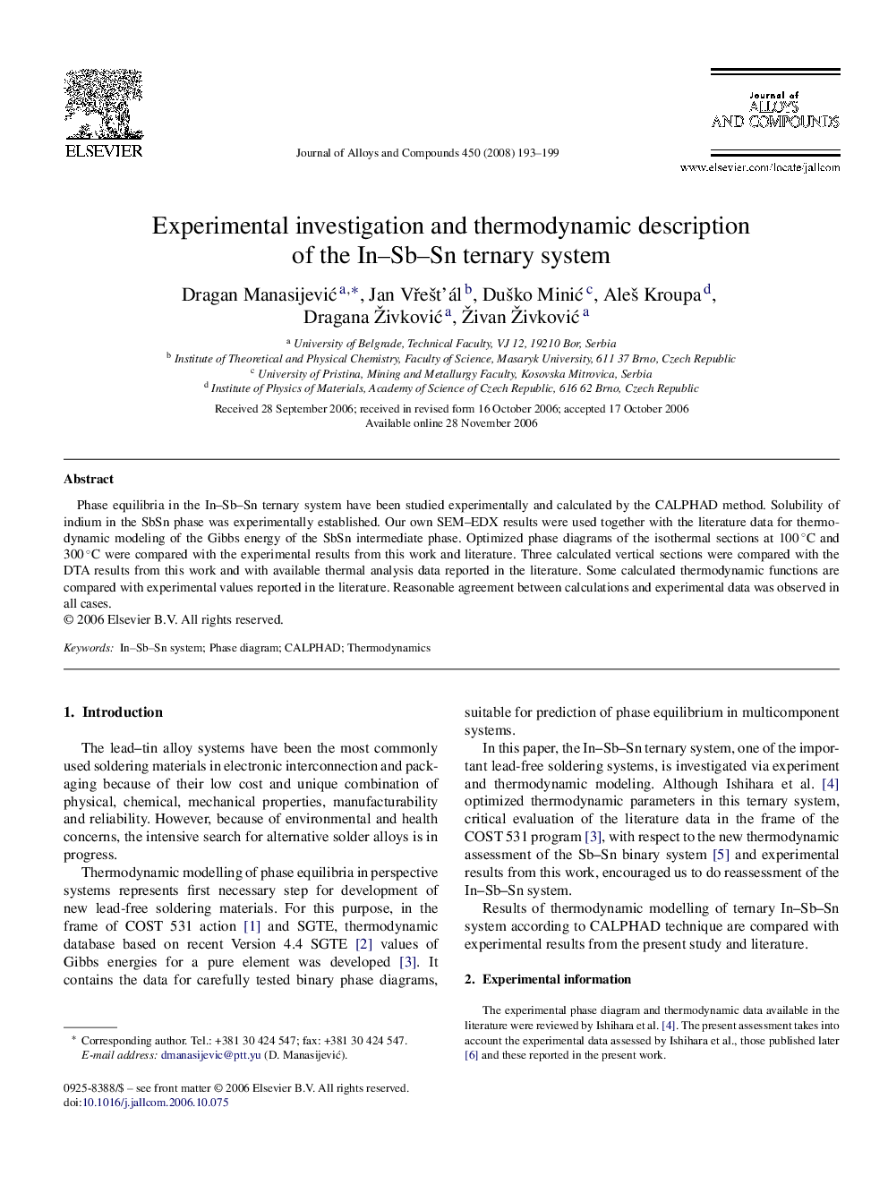 Experimental investigation and thermodynamic description of the In–Sb–Sn ternary system