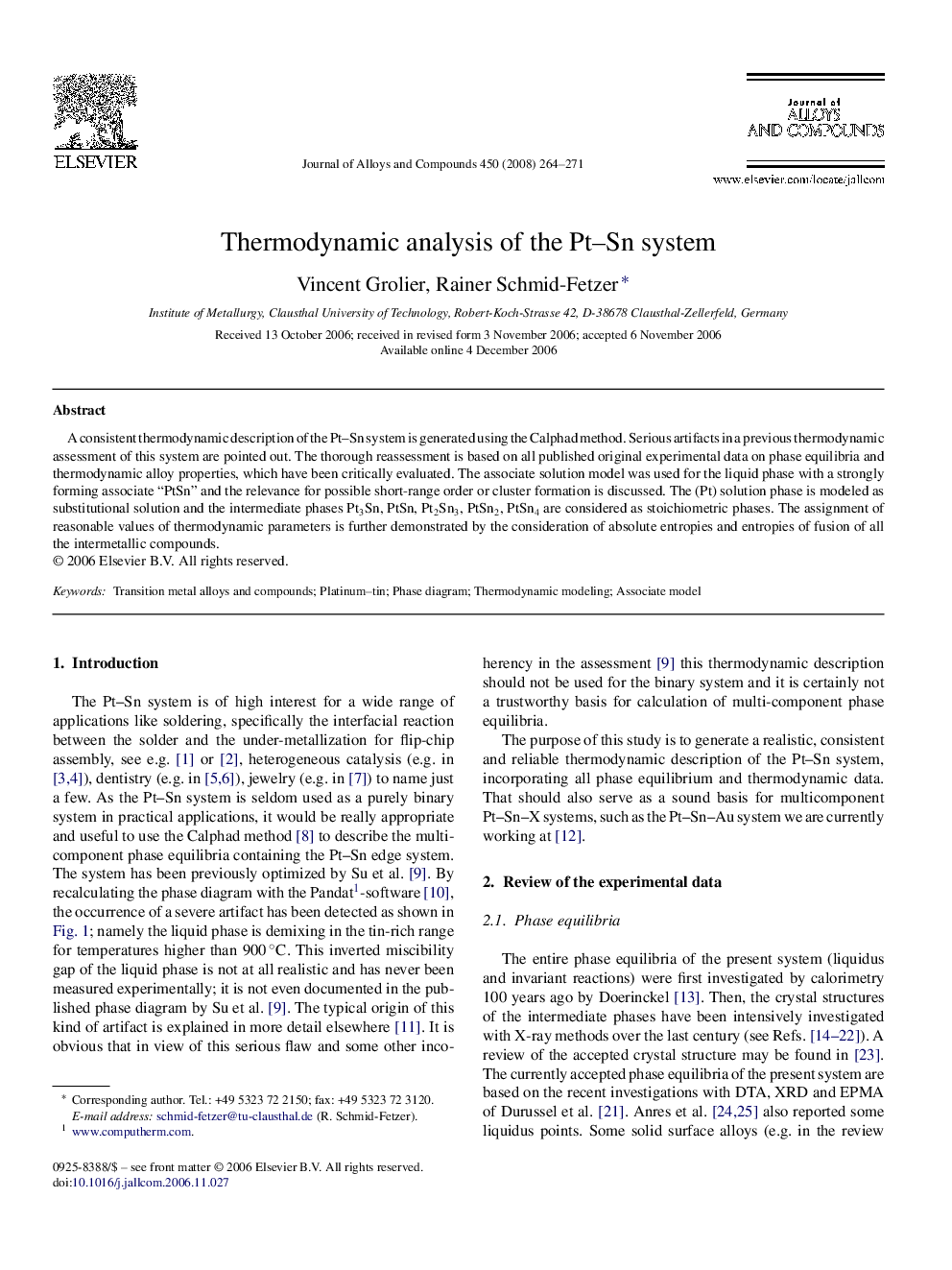 Thermodynamic analysis of the Pt–Sn system