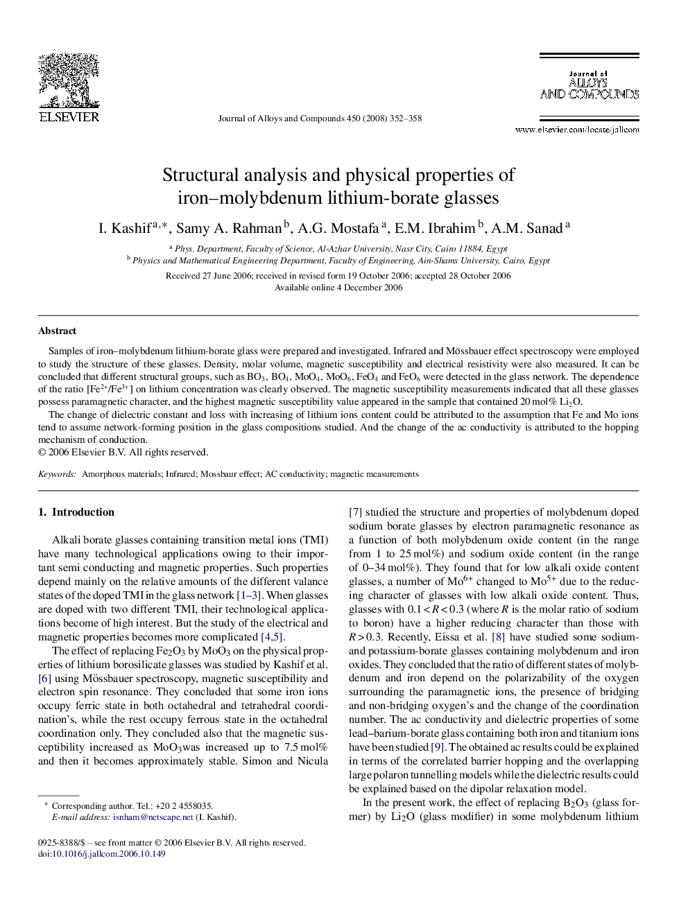 Structural analysis and physical properties of iron–molybdenum lithium-borate glasses