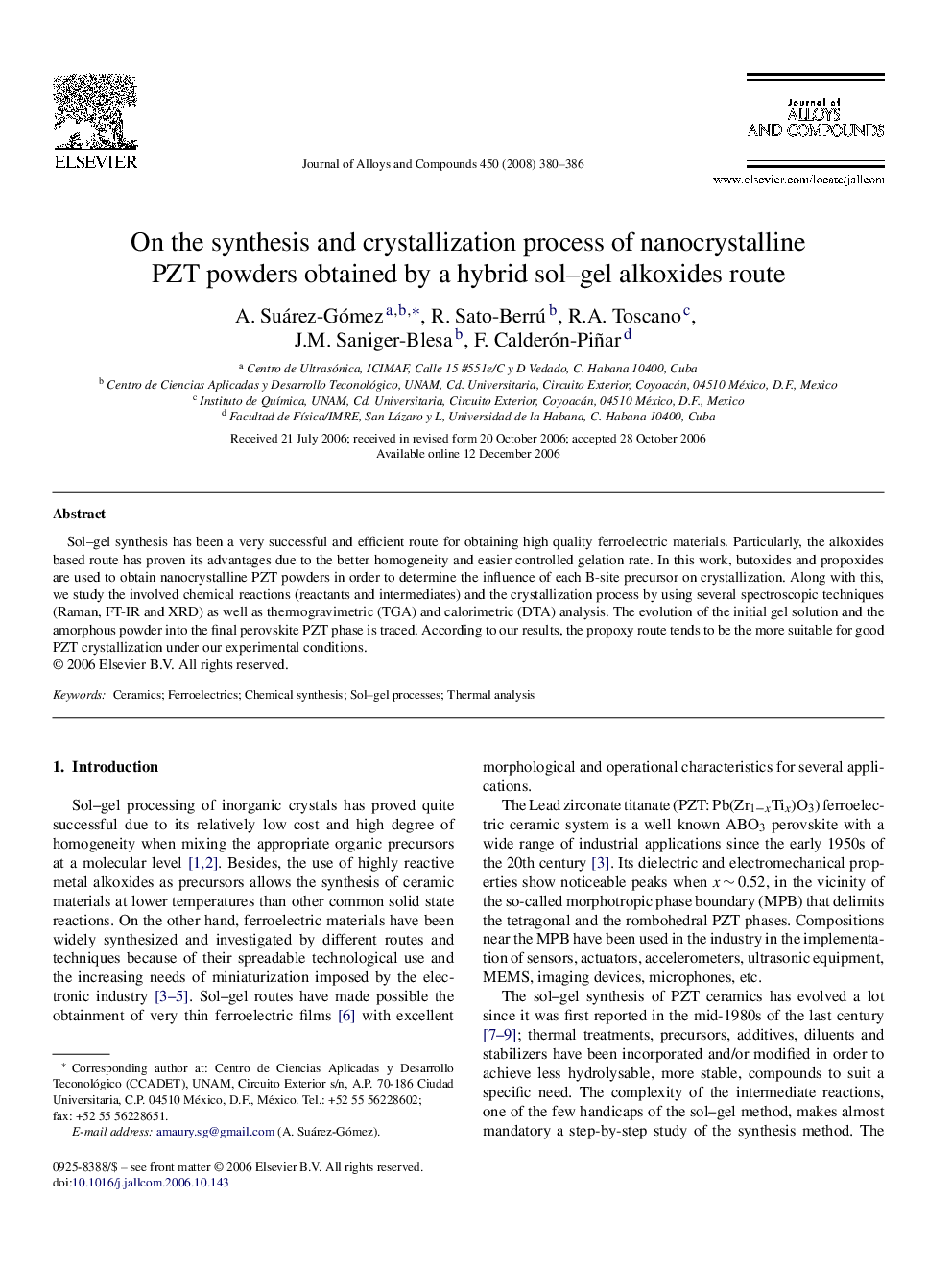 On the synthesis and crystallization process of nanocrystalline PZT powders obtained by a hybrid sol-gel alkoxides route