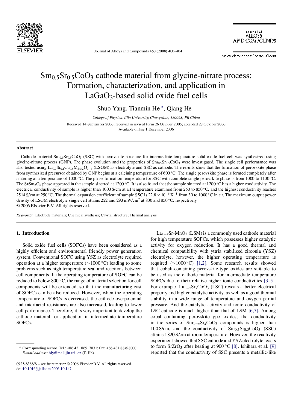 Sm0.5Sr0.5CoO3 cathode material from glycine-nitrate process: Formation, characterization, and application in LaGaO3-based solid oxide fuel cells