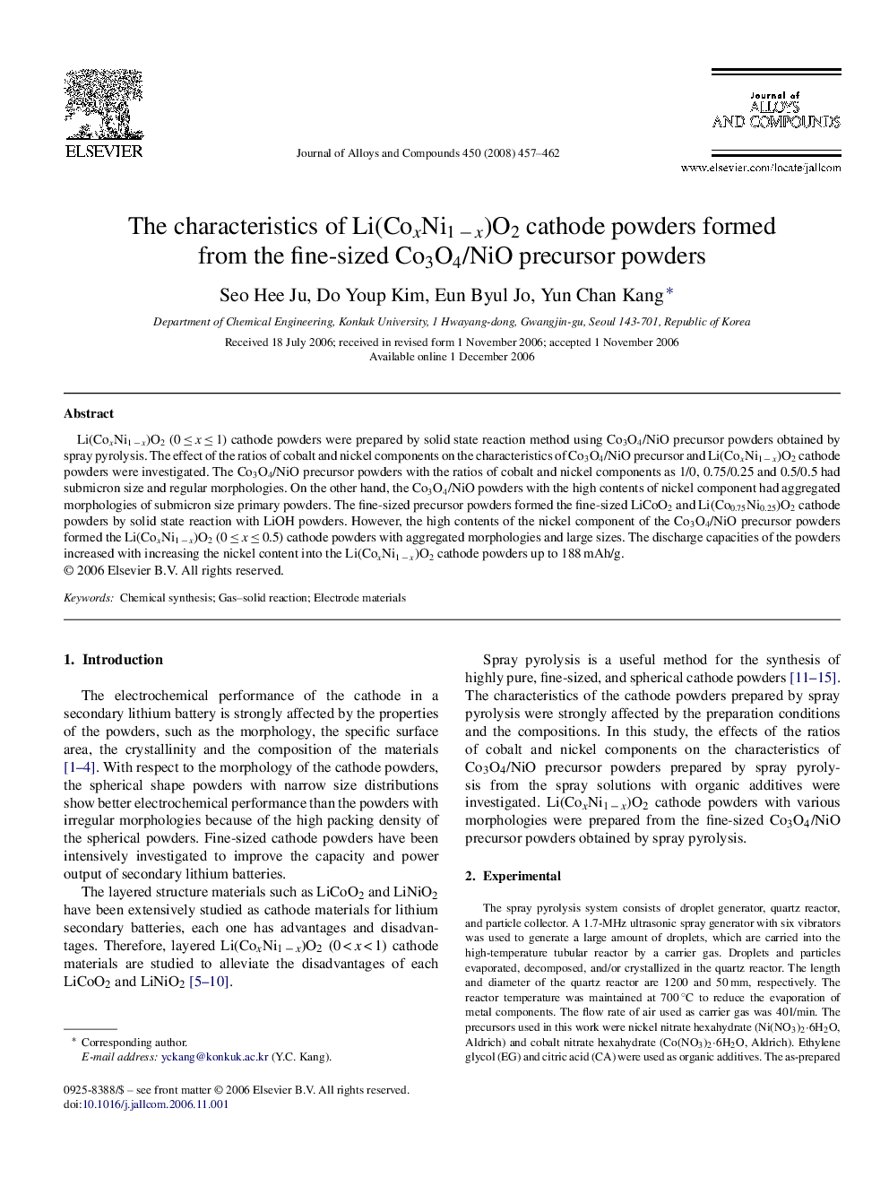 The characteristics of Li(CoxNi1Â âÂ x)O2 cathode powders formed from the fine-sized Co3O4/NiO precursor powders