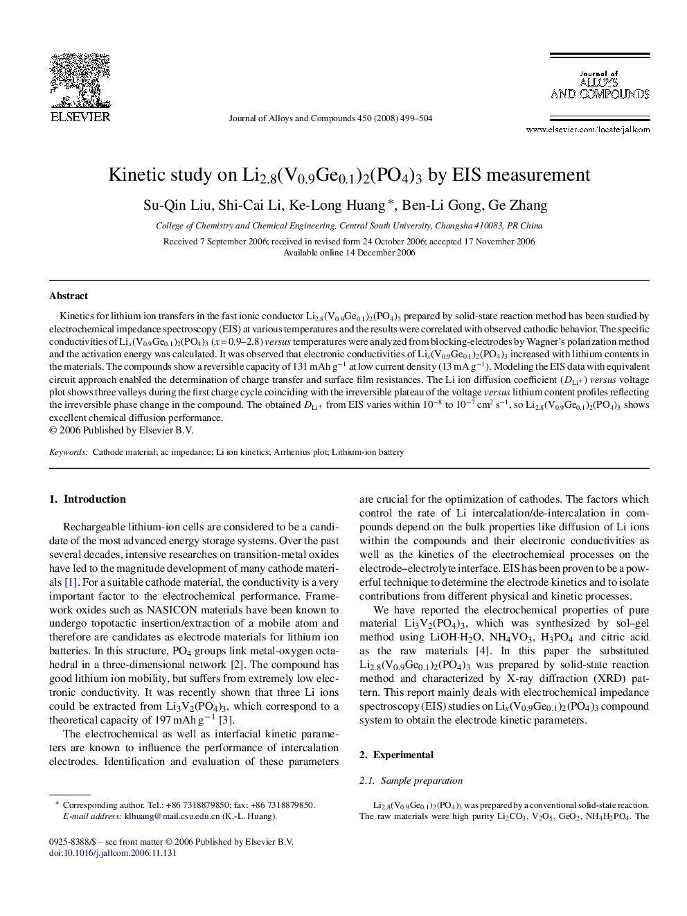 Kinetic study on Li2.8(V0.9Ge0.1)2(PO4)3 by EIS measurement