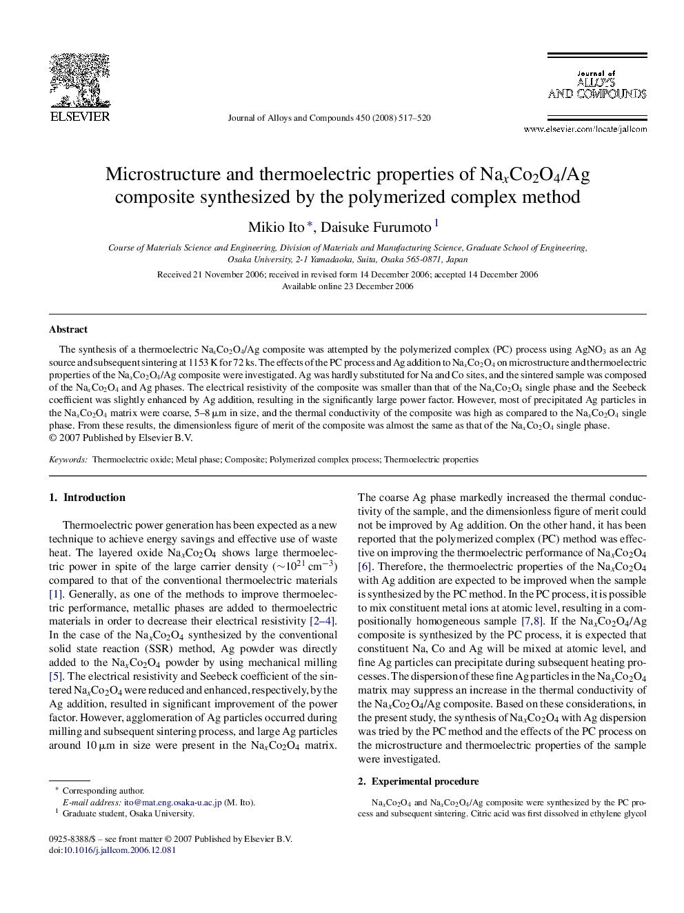 Microstructure and thermoelectric properties of NaxCo2O4/Ag composite synthesized by the polymerized complex method