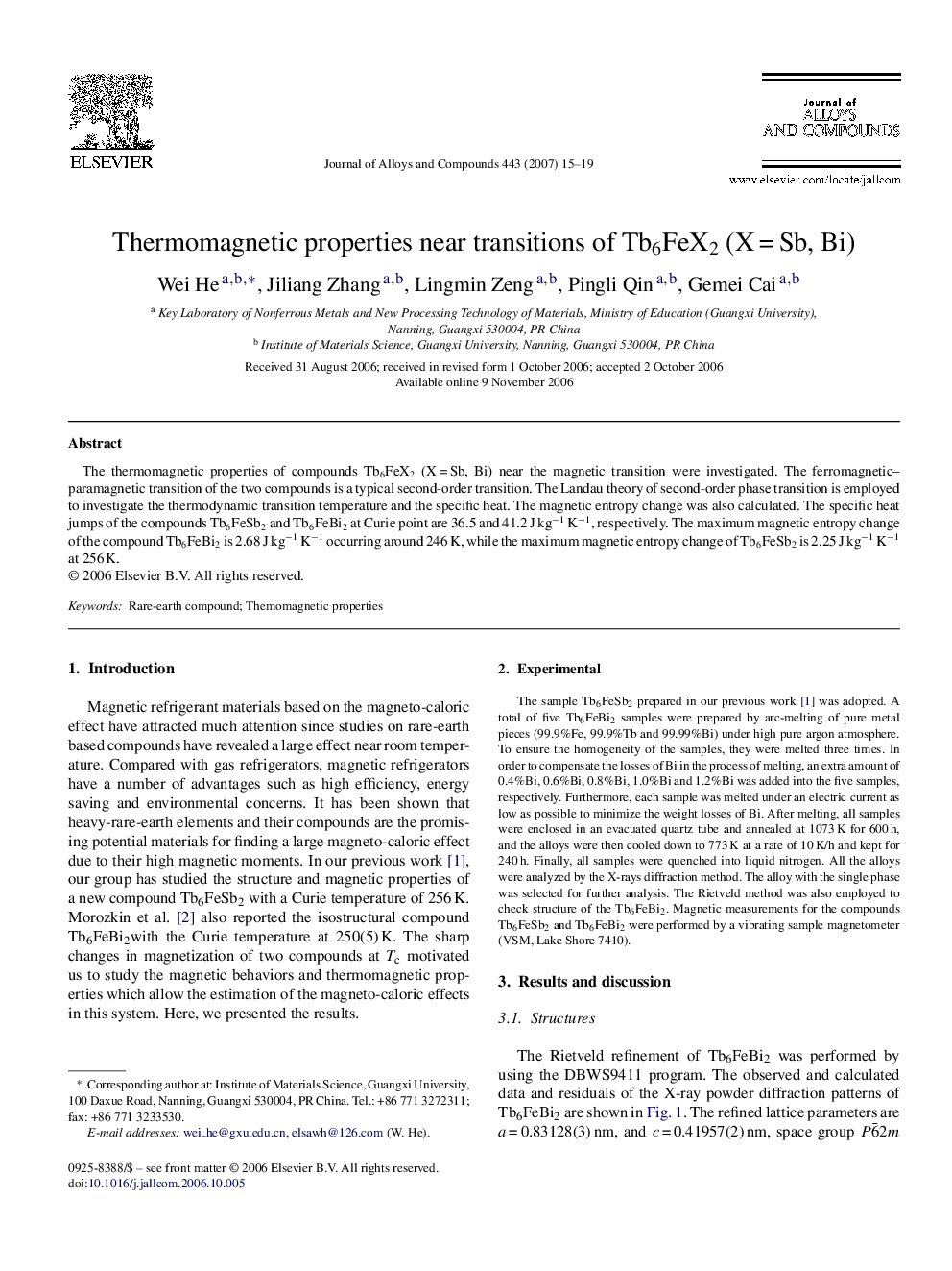 Thermomagnetic properties near transitions of Tb6FeX2 (X = Sb, Bi)