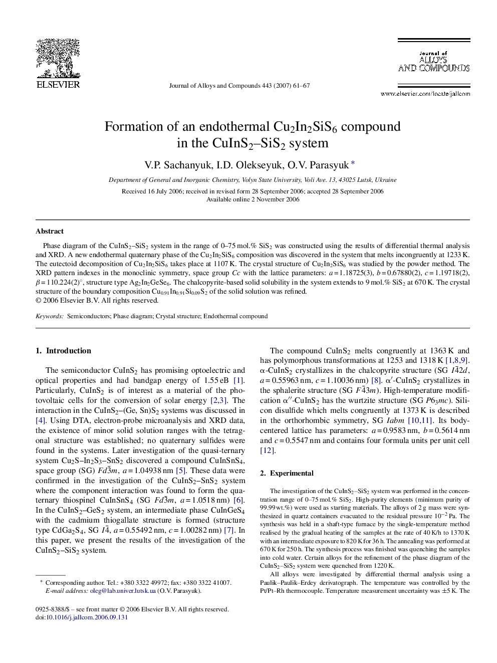 Formation of an endothermal Cu2In2SiS6 compound in the CuInS2–SiS2 system