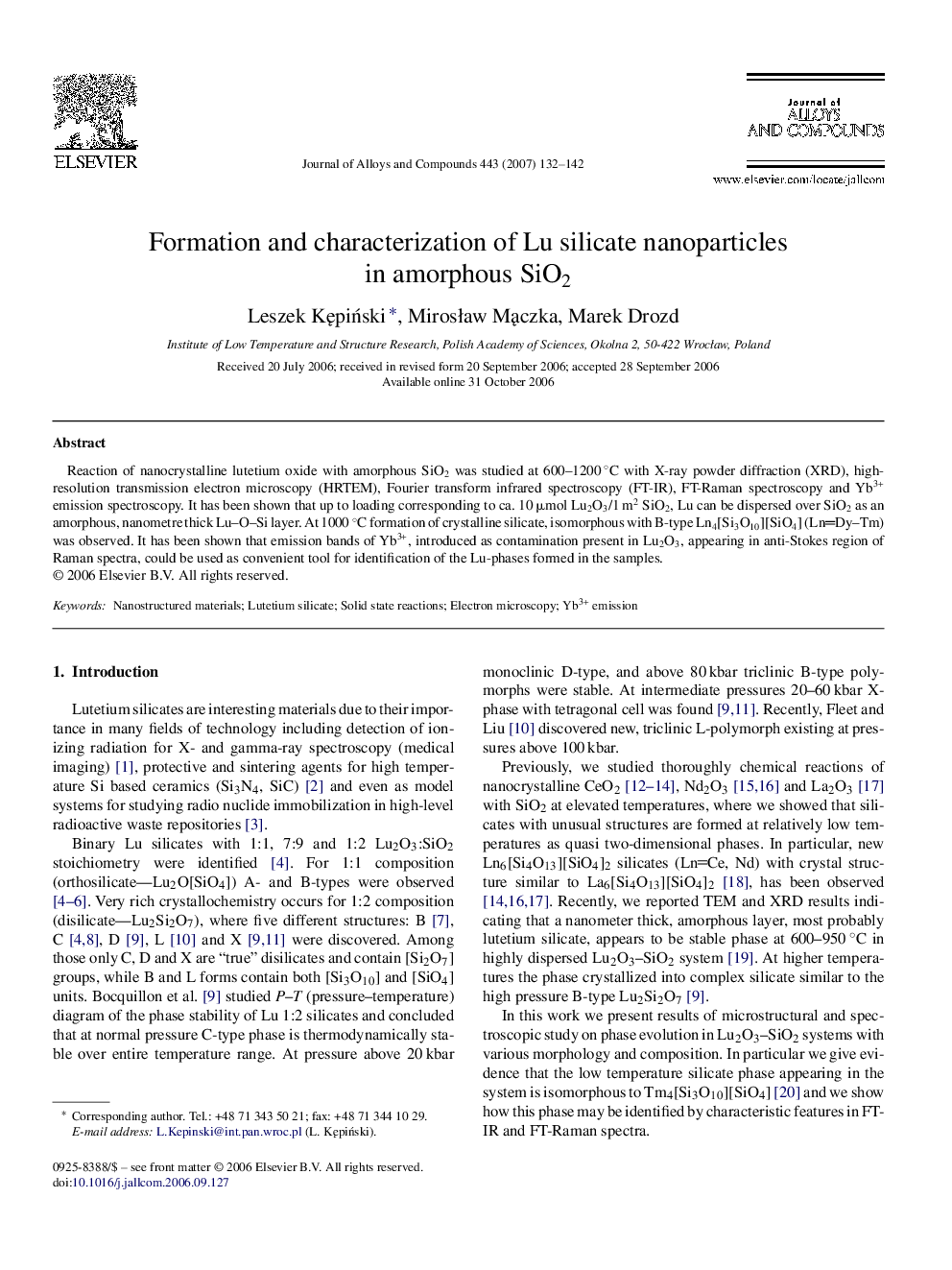 Formation and characterization of Lu silicate nanoparticles in amorphous SiO2