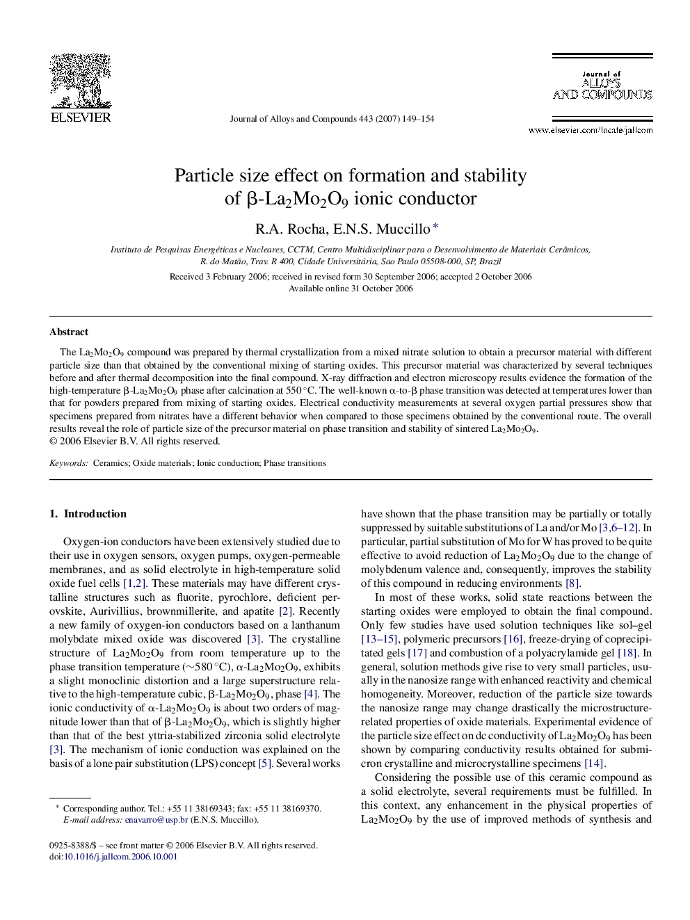 Particle size effect on formation and stability of Î²-La2Mo2O9 ionic conductor