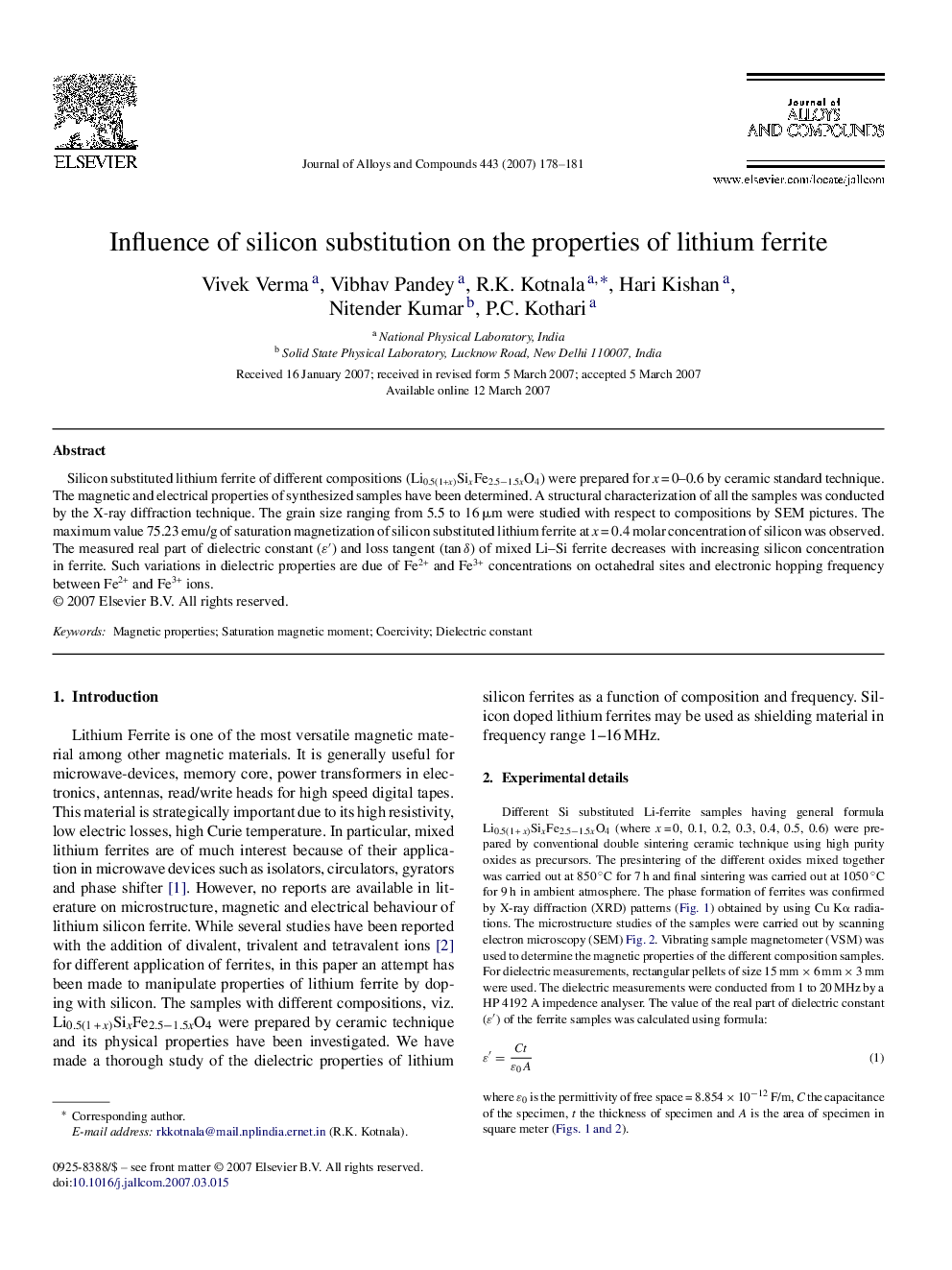 Influence of silicon substitution on the properties of lithium ferrite