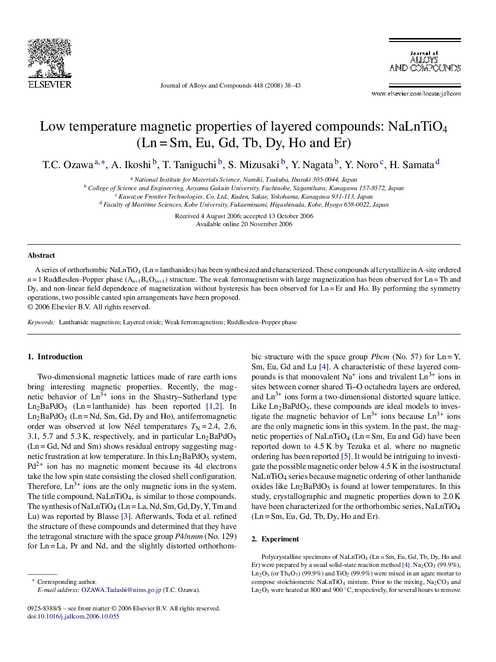 Low temperature magnetic properties of layered compounds: NaLnTiO4 (Ln = Sm, Eu, Gd, Tb, Dy, Ho and Er)