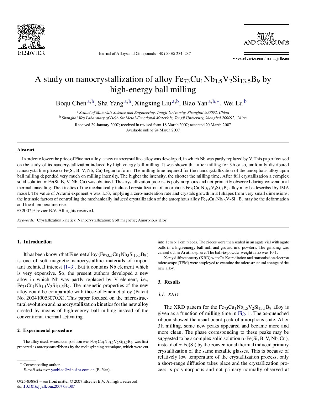 A study on nanocrystallization of alloy Fe73Cu1Nb1.5V2Si13.5B9 by high-energy ball milling