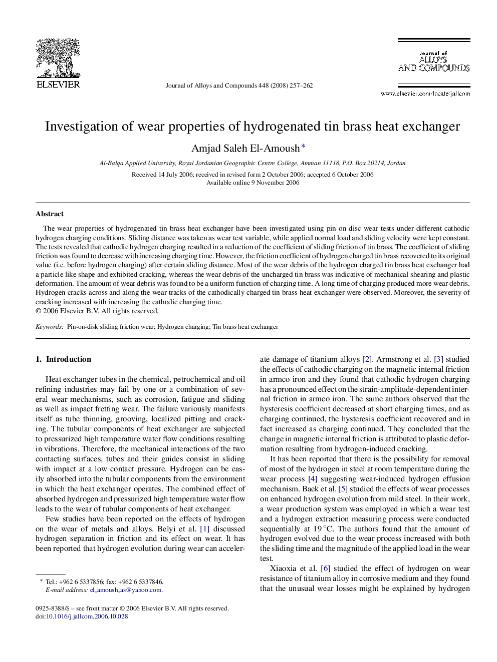 Investigation of wear properties of hydrogenated tin brass heat exchanger
