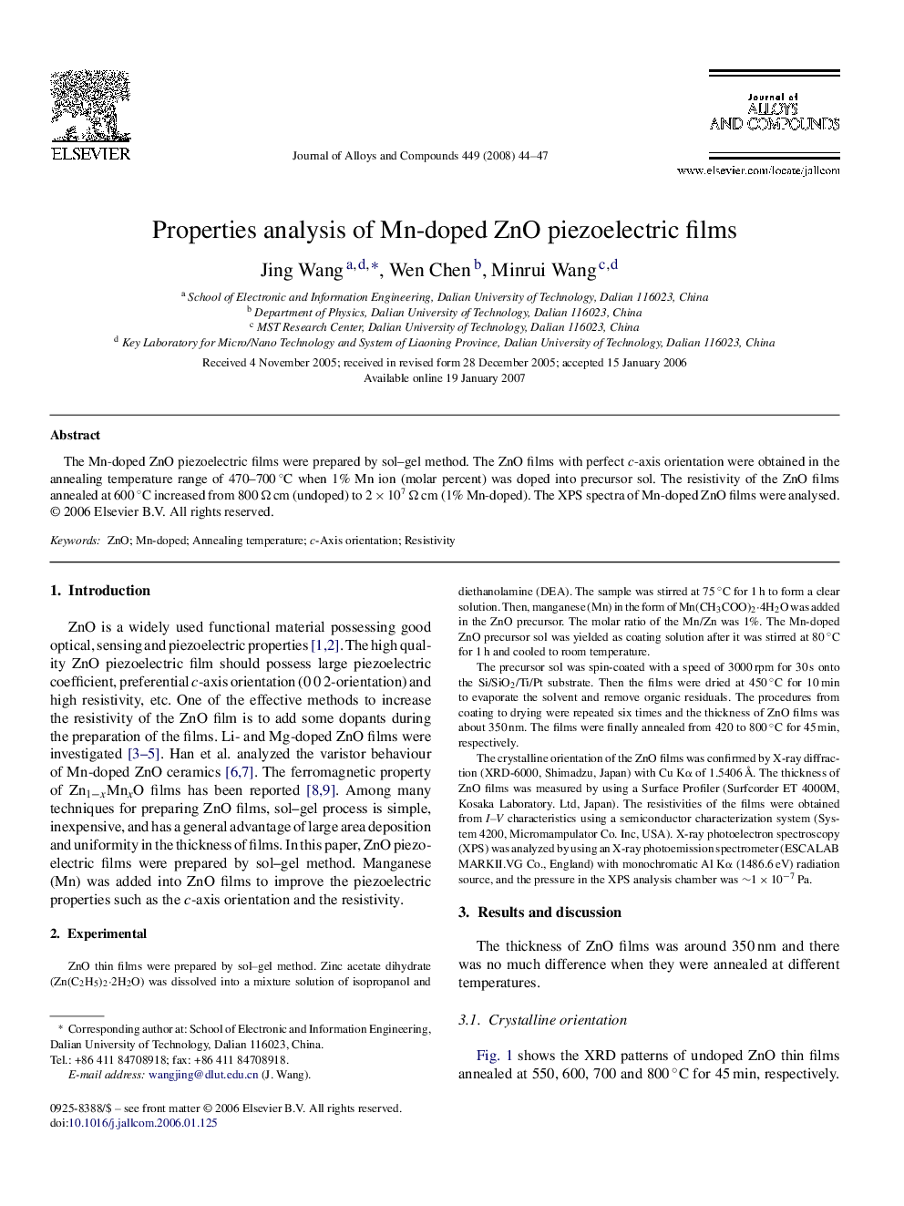 Properties analysis of Mn-doped ZnO piezoelectric films