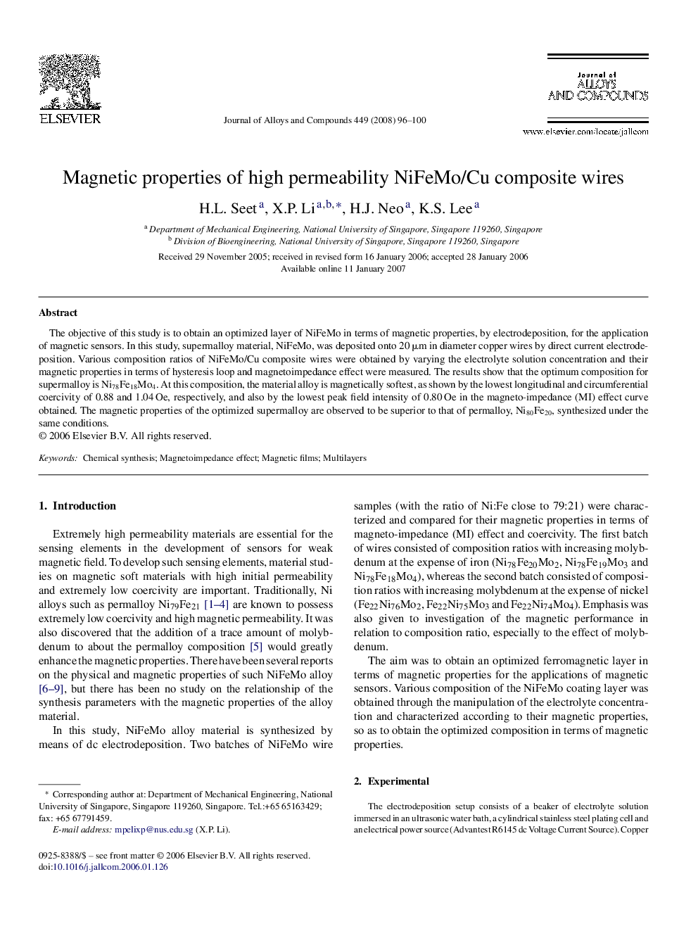 Magnetic properties of high permeability NiFeMo/Cu composite wires