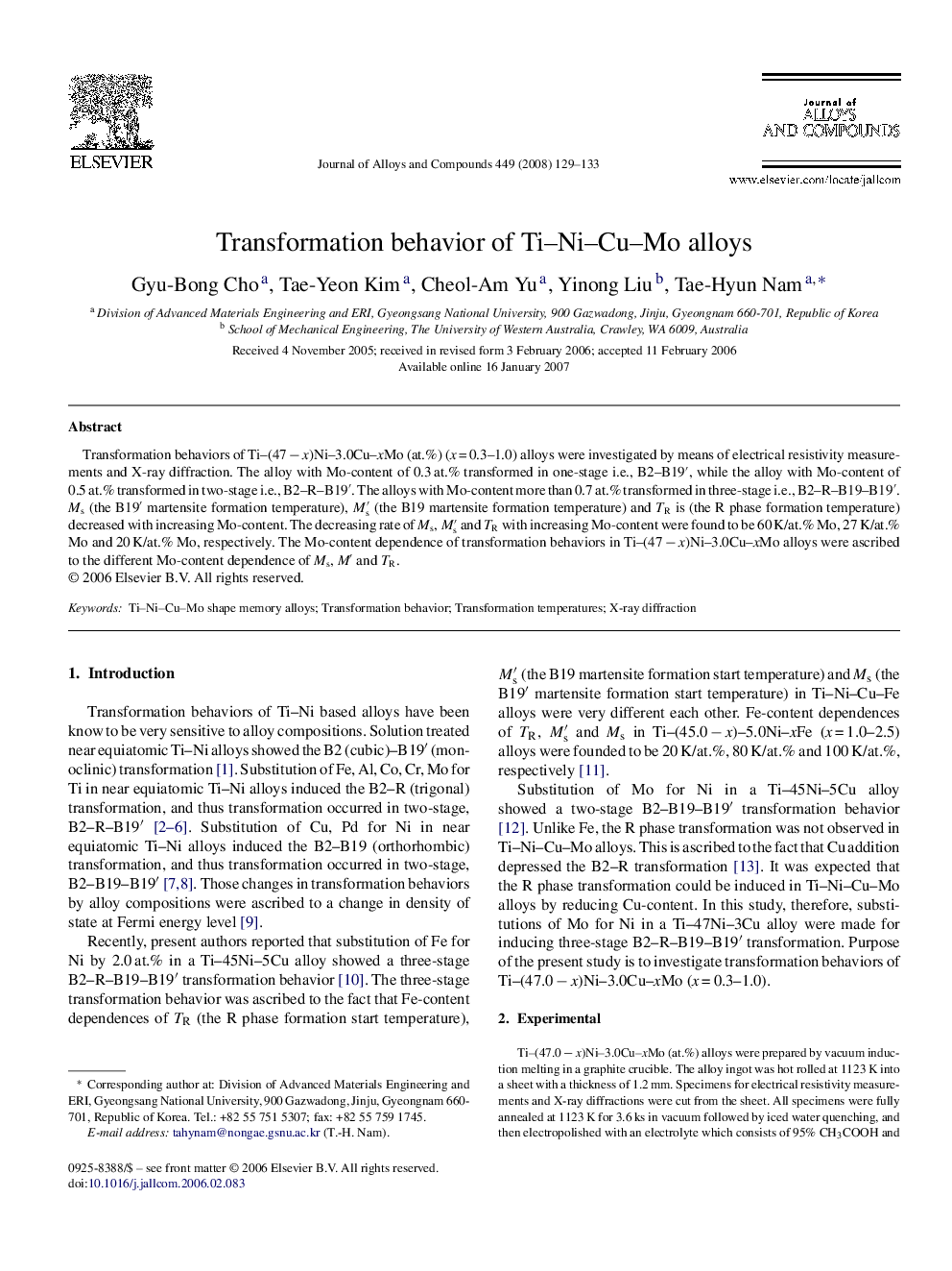 Transformation behavior of Ti–Ni–Cu–Mo alloys