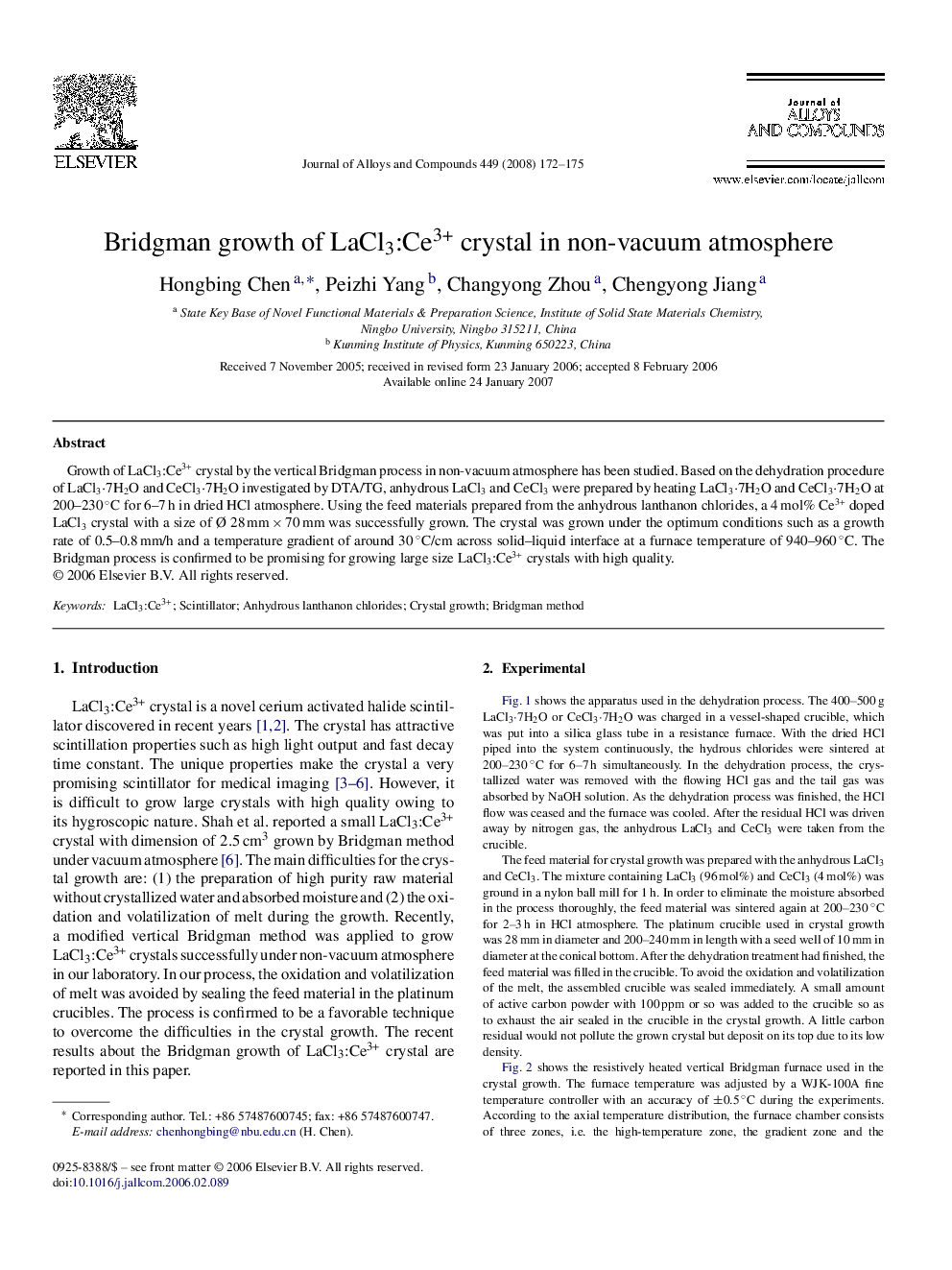 Bridgman growth of LaCl3:Ce3+ crystal in non-vacuum atmosphere