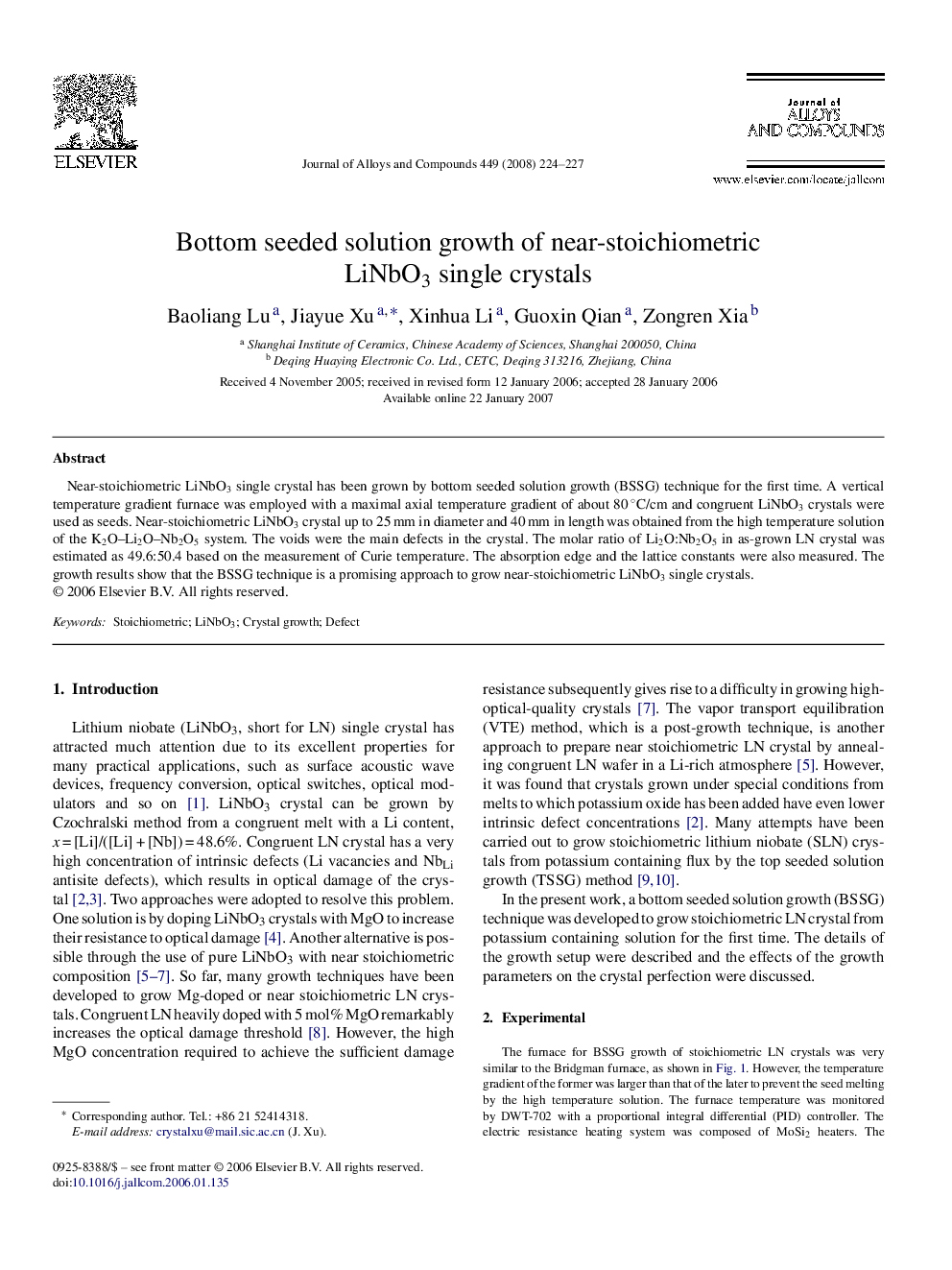 Bottom seeded solution growth of near-stoichiometric LiNbO3 single crystals