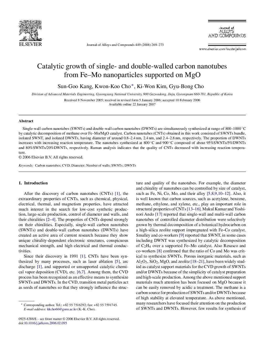 Catalytic growth of single- and double-walled carbon nanotubes from Fe-Mo nanoparticles supported on MgO