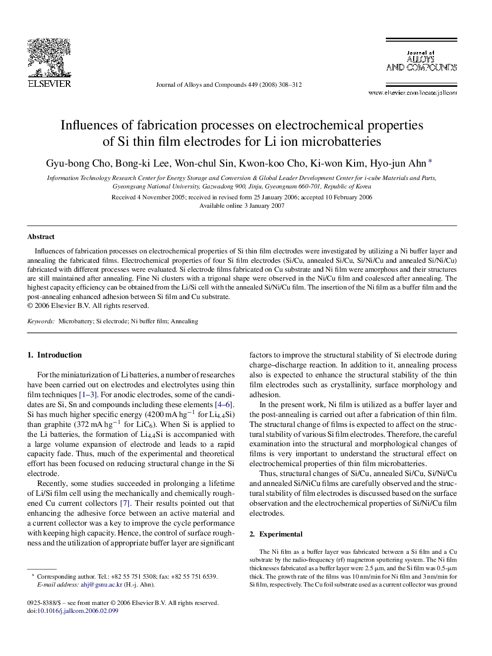 عکس صفحه اول مقاله: Influences of fabrication processes on electrochemical properties of Si thin film electrodes for Li ion microbatteries Influences of fabrication processes on electrochemical properties of Si thin film electrodes for Li ion microbatteries