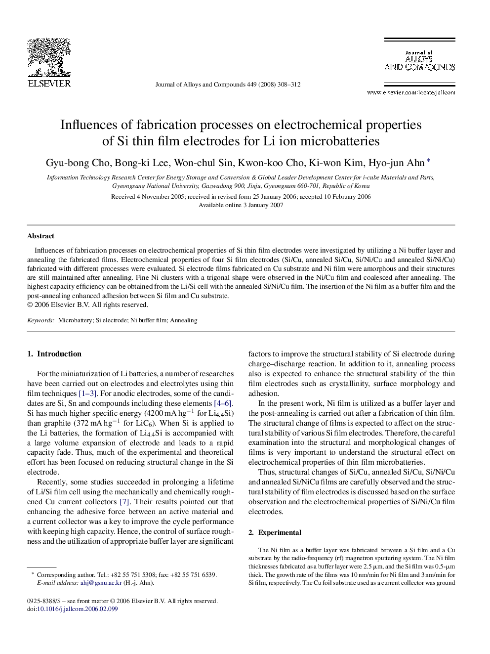 Influences of fabrication processes on electrochemical properties of Si thin film electrodes for Li ion microbatteries