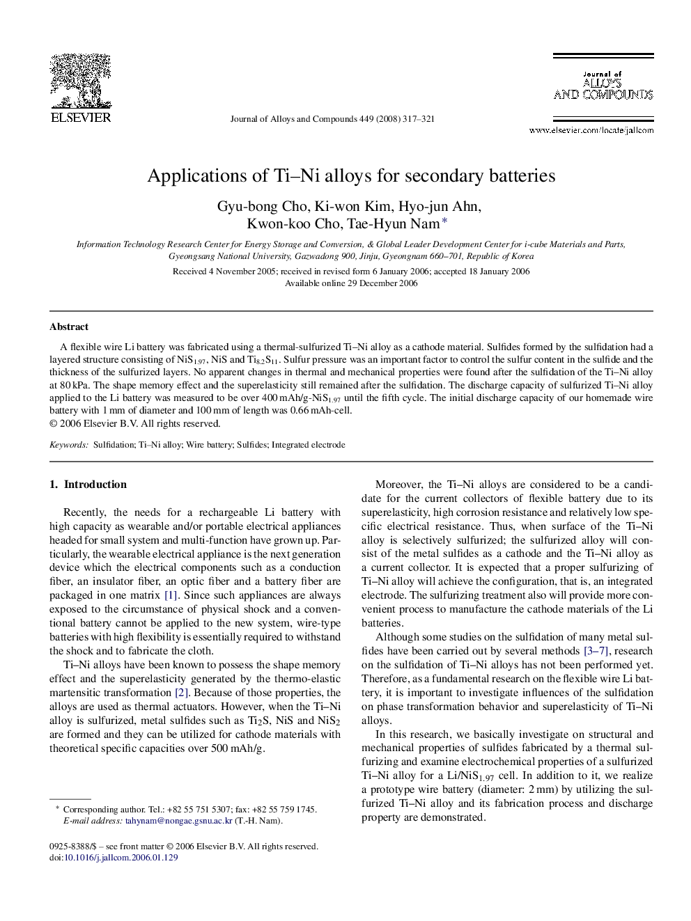 Applications of Ti–Ni alloys for secondary batteries