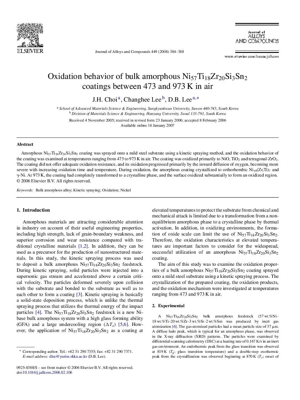 Oxidation behavior of bulk amorphous Ni57Ti18Zr20Si3Sn2 coatings between 473 and 973Â K in air