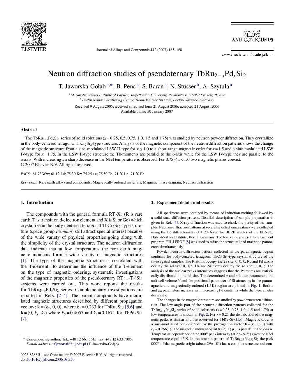 Neutron diffraction studies of pseudoternary TbRu2âxPdxSi2