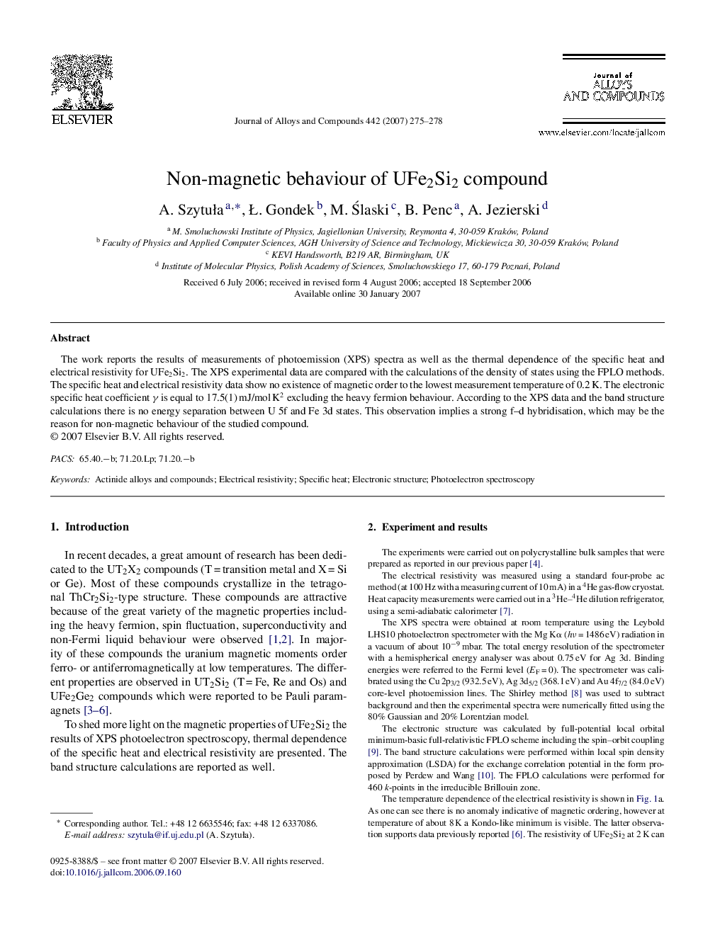 Non-magnetic behaviour of UFe2Si2 compound