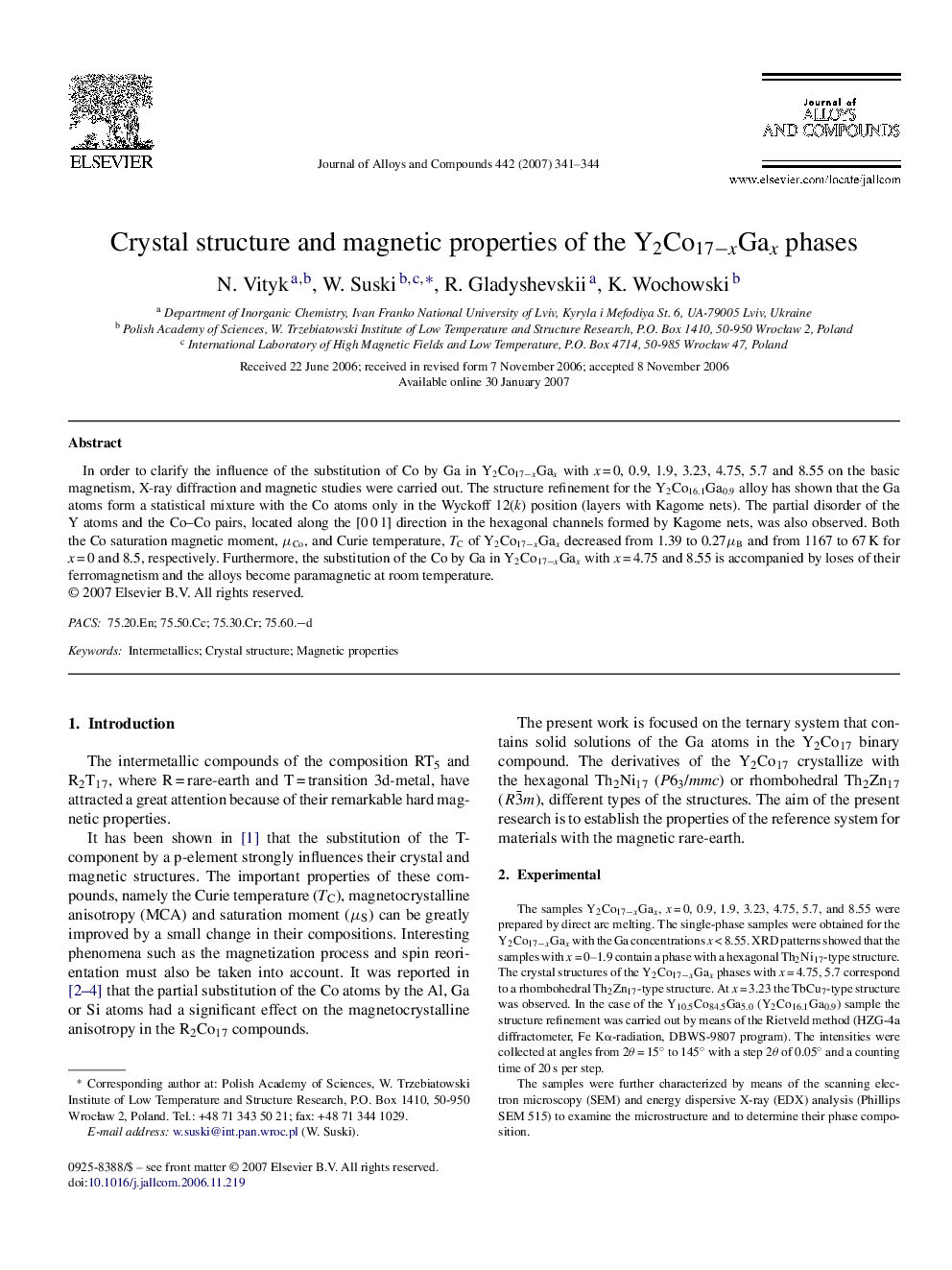 Crystal structure and magnetic properties of the Y2Co17âxGax phases