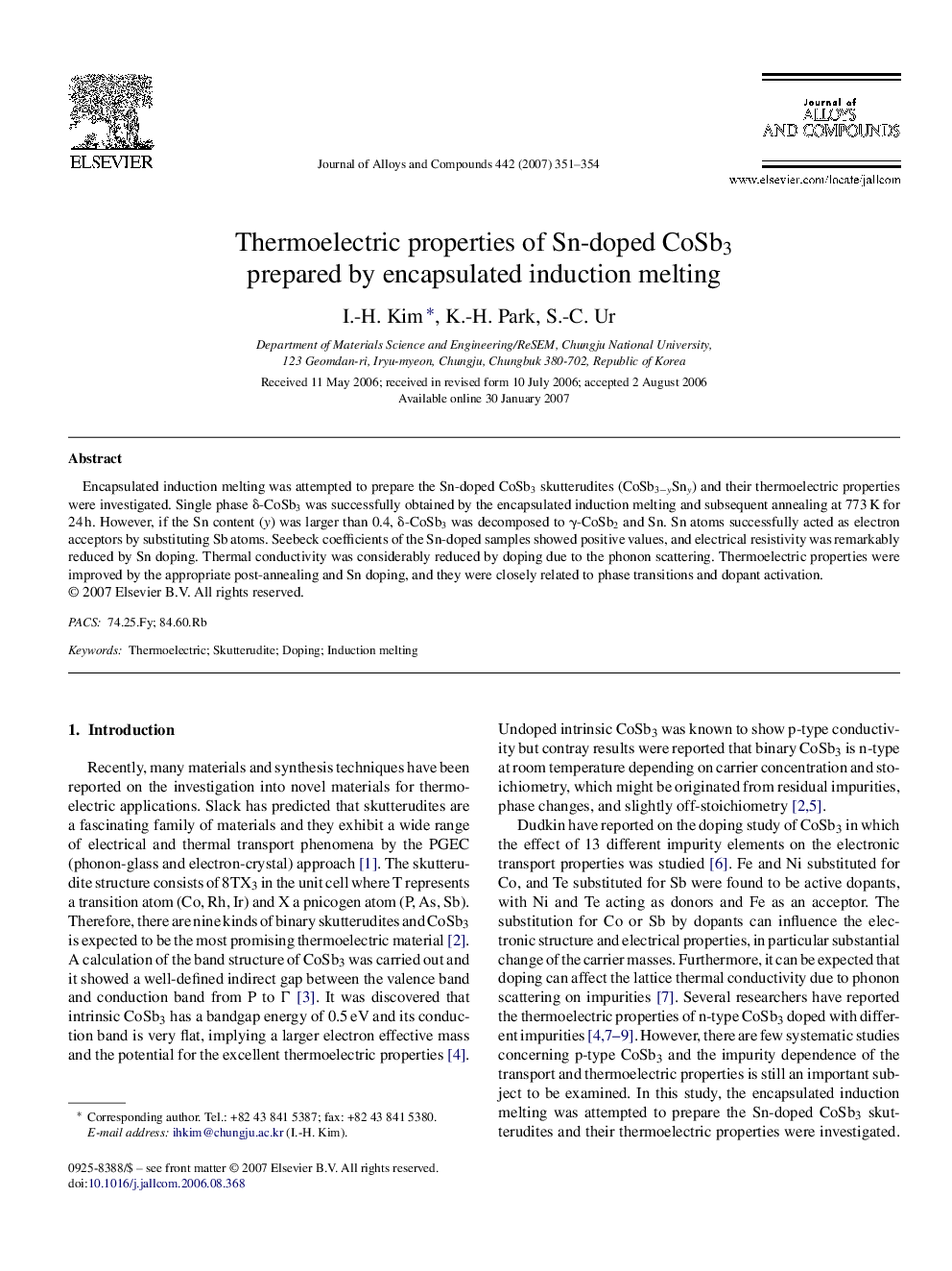 Thermoelectric properties of Sn-doped CoSb3 prepared by encapsulated induction melting