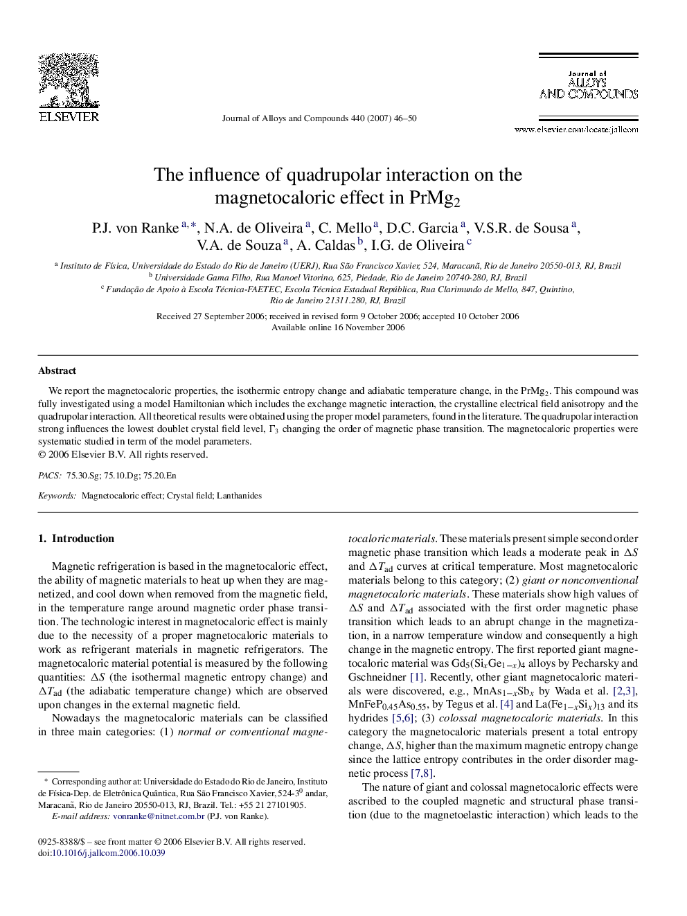 The influence of quadrupolar interaction on the magnetocaloric effect in PrMg2