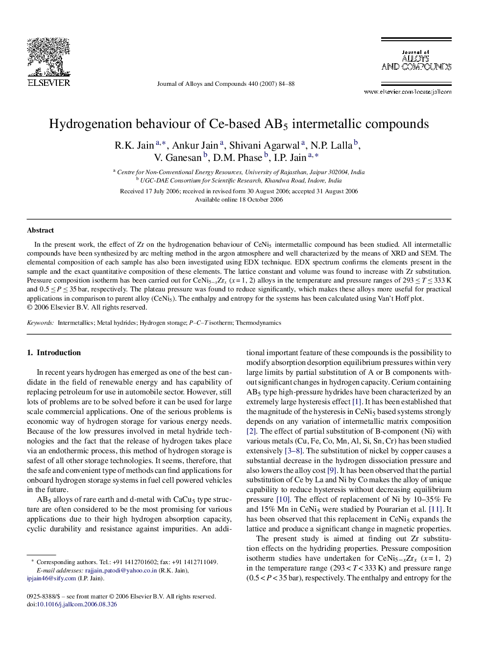 Hydrogenation behaviour of Ce-based AB5 intermetallic compounds