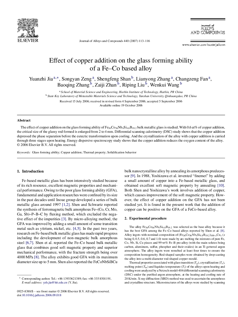 Effect of copper addition on the glass forming ability of a Fe-Co based alloy