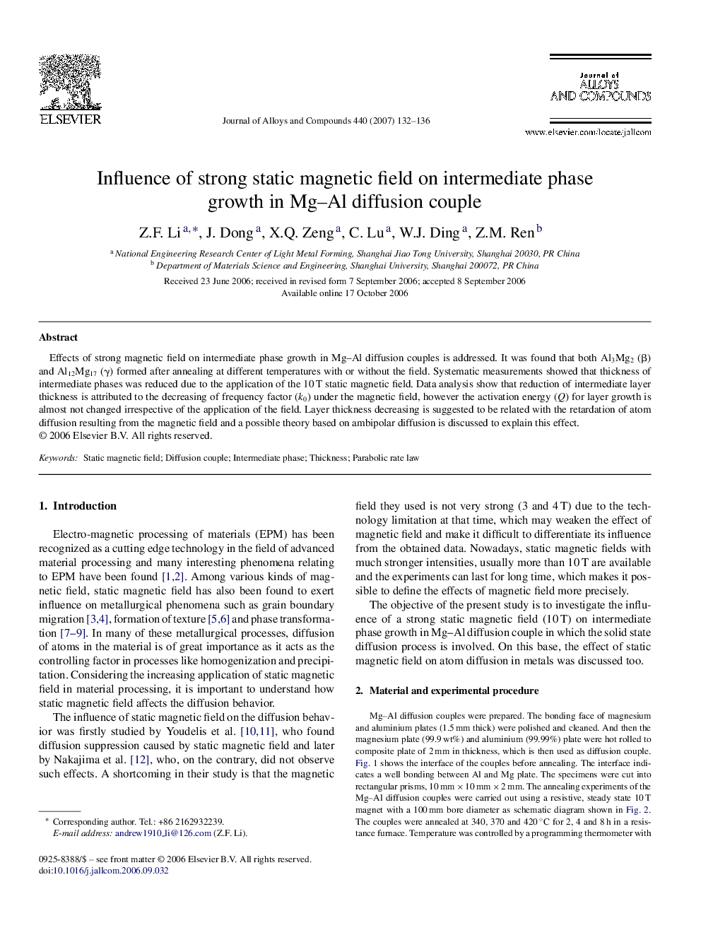 Influence of strong static magnetic field on intermediate phase growth in Mg–Al diffusion couple